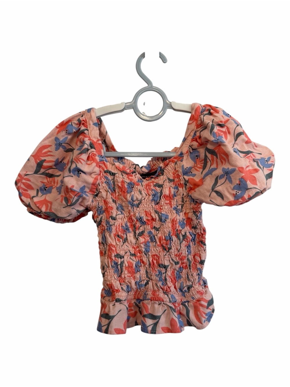 Vince Camuto Pink Floral Smocked Top with Coral & Blue Print
